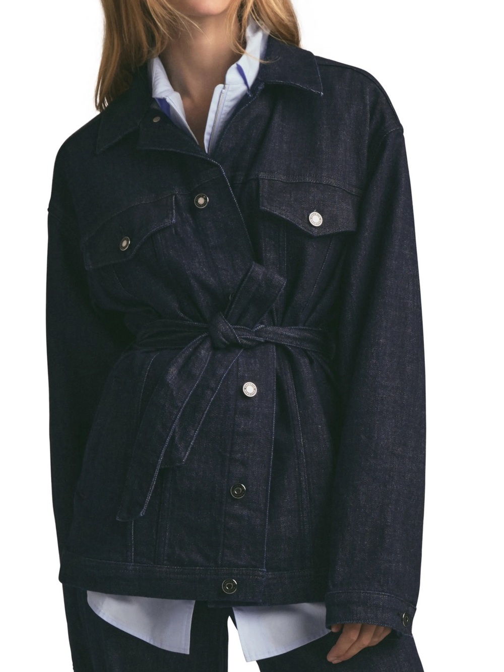 NWT Favorite Daughter The Jane Trench S Dark Wash Denim Belted Oversized Jacket